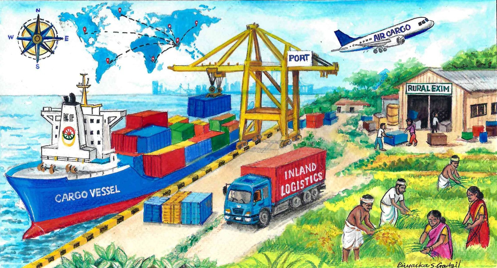 Illustration of rural produce travelling from Indian farms by truck to port and onward by ship and air cargo